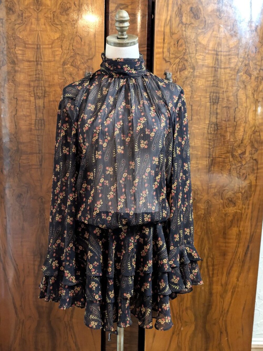 NWT Zara Black Floral Paisley Ruffled Mini Blouson Dress M Sheer Long Sleeve
